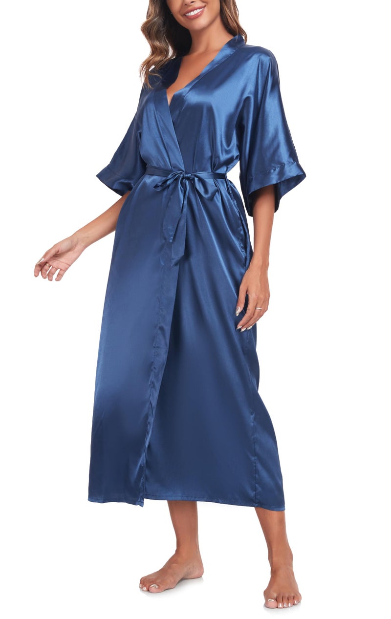 sunshinemall Women's Bridal Party Long Satin Bathrobe Kimono Nightgown Wedding Day Long Dress Gown - Image 3