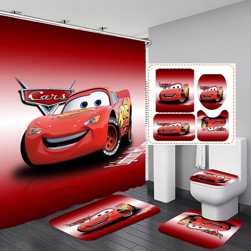 Cartoon Boys Bathroom 4 Pieces Set Shower Curtain Toilet Lid Cover and Bath Mat NonSlip Rugs Durable and Waterproof for Bathroom Decor Set 72 x 72