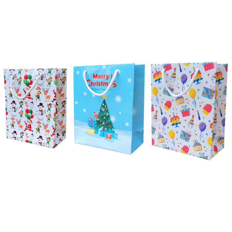 Flora Paperbags أكياس ورقية لعيد الميلاد | عبوة من 20 قطعة | أكياس هدايا ورقية صغيرة لهدايا عيد الميلاد | مجموعة من 3 ألوان | أكياس هدايا عيد الميلاد للهدايا المرتجعة | مقابض حبل لامعة | حجم صغير - 7.5x6x3 بوصات - Image 1