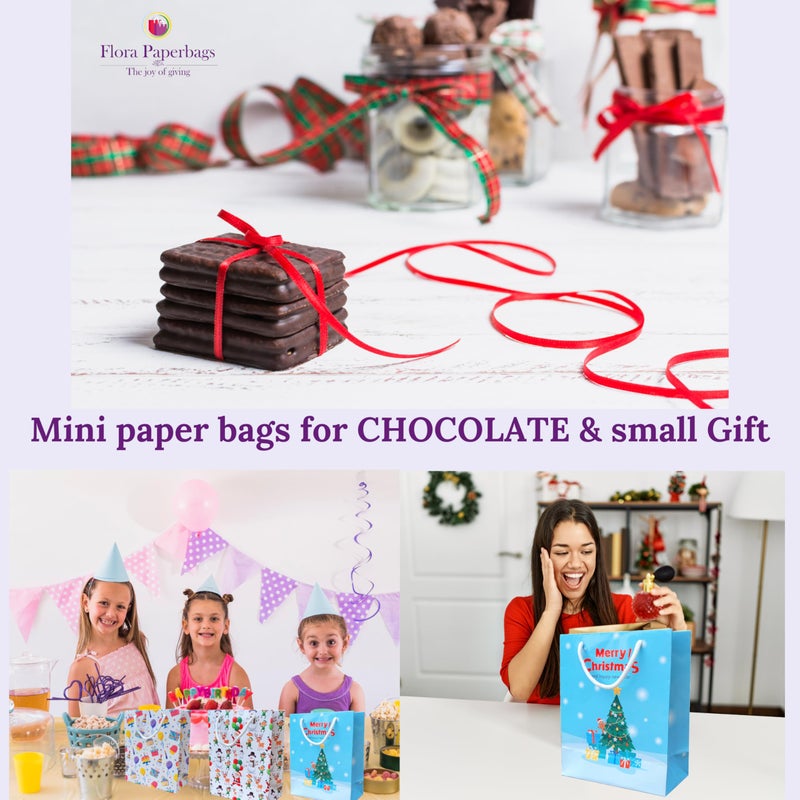 Flora Paperbags أكياس ورقية لعيد الميلاد | عبوة من 20 قطعة | أكياس هدايا ورقية صغيرة لهدايا عيد الميلاد | مجموعة من 3 ألوان | أكياس هدايا عيد الميلاد للهدايا المرتجعة | مقابض حبل لامعة | حجم صغير - 7.5x6x3 بوصات - Image 3