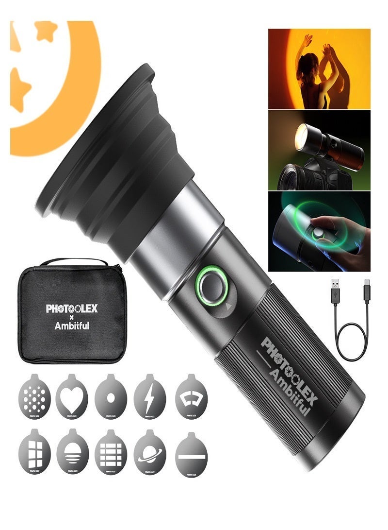 AMBITFUL Handheld LED Photography Flashlight with Optical Snoot, 10 Gobos  4 Color Filters, 8400mAh Rechargeable Zoomable Spotlight, Aluminum Creative Projection Light for Video, Portrait, Sunset Effect (FL10W) - Image 2