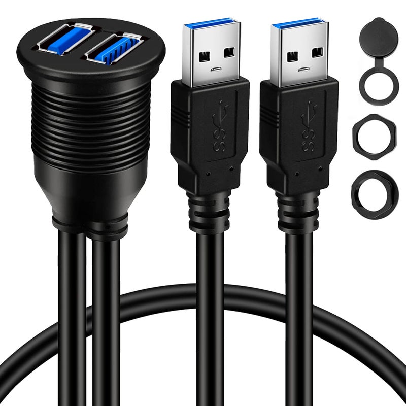 BATIGE 2 Ports Dual USB 3.0 Male to USB 3.0 Female AUX Flush Mount Car Mount Extension Cable for Car Truck Boat Motorcycle Dashboard Panel 1ft - Image 1
