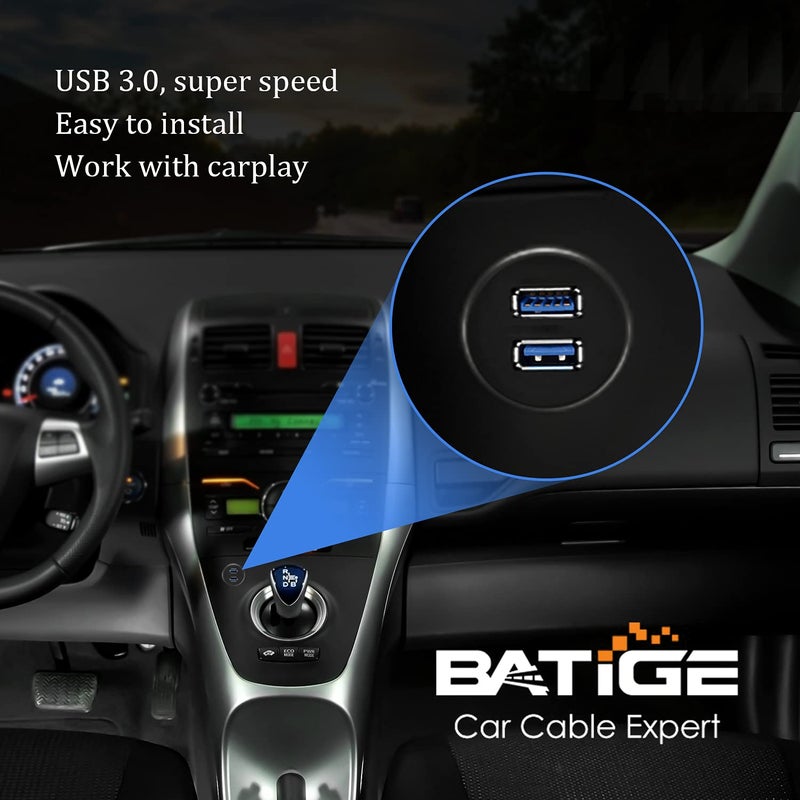 BATIGE 2 Ports Dual USB 3.0 Male to USB 3.0 Female AUX Flush Mount Car Mount Extension Cable for Car Truck Boat Motorcycle Dashboard Panel 1ft - Image 4