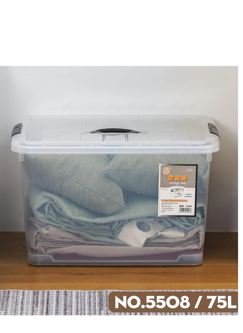 Generic Transparent plastic storage box with lid and handles, black, 75 litres 