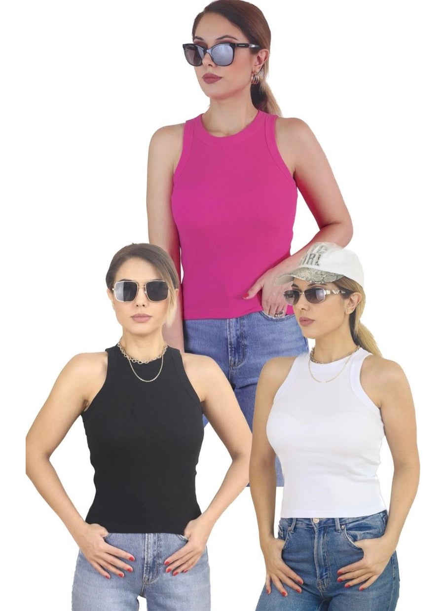 Ritnice - Women's 3-Pack Premium Cotton T-Shirt White, Black, Fuchsia - Image 1