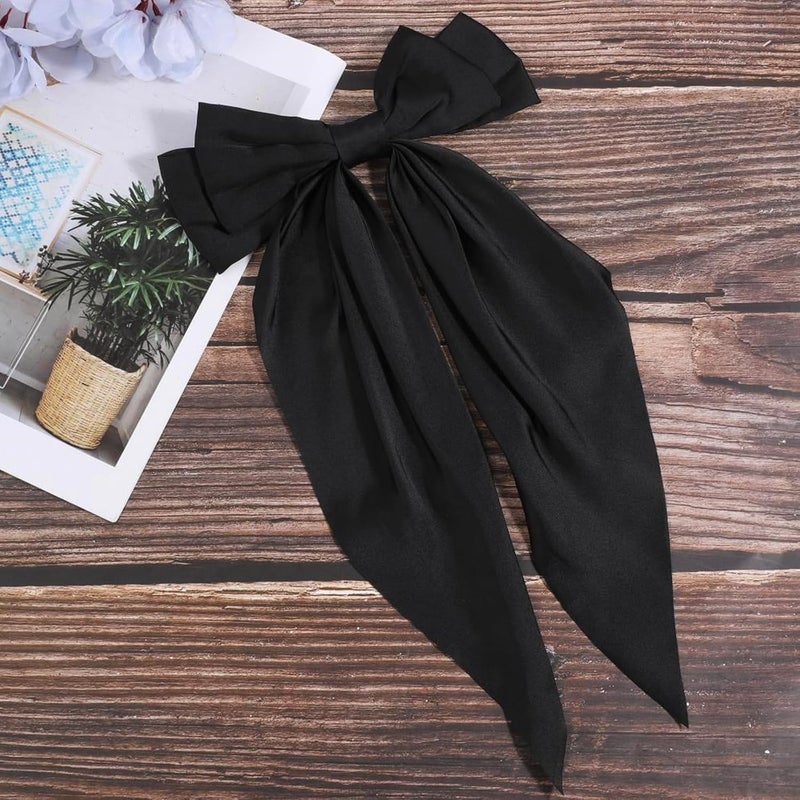WLLHYF Big Bow Hair Clips Satin Silky Bow Barrettes Long Tail French Hair Bows Metal Hair Pins Bowknot Hair Clamps Hair Accessories for Women Girls Wedding Birthday Party (Black) - Image 4
