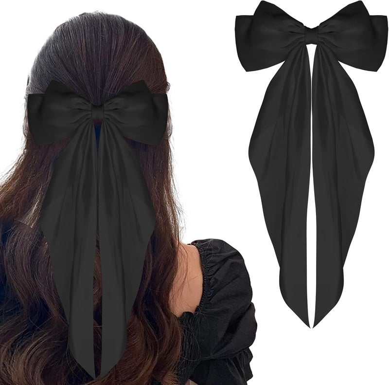 WLLHYF Big Bow Hair Clips Satin Silky Bow Barrettes Long Tail French Hair Bows Metal Hair Pins Bowknot Hair Clamps Hair Accessories for Women Girls Wedding Birthday Party (Black) - Image 1