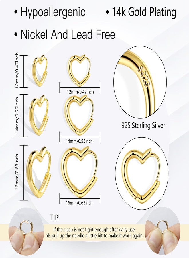 أليكس كرافت أقراط حلقية على شكل قلب مطلية بالذهب عيار 14 قيراطًا للنساء، طقم عصري مكون من 3 أزواج من الأقراط الصغيرة الذهبية من ALEXCRAFT، تصميم بسيط، مضاد للحساسية، على شكل قلوب، حلقات سميكة وكبيرة - Image 2