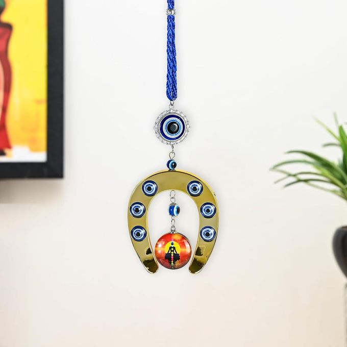 ROOM DECOR HORSE SHOE EVIL EYE WITH SEVEN CHAKRA PENDANT WALL HANGING GOOD LUCK CHARM AND FENG SHUI NAZAR BATTU PENDANT FOR HOME ENTRANCE DOOR CAR AND OFFICE DECORATIVE GIFT ITEM
