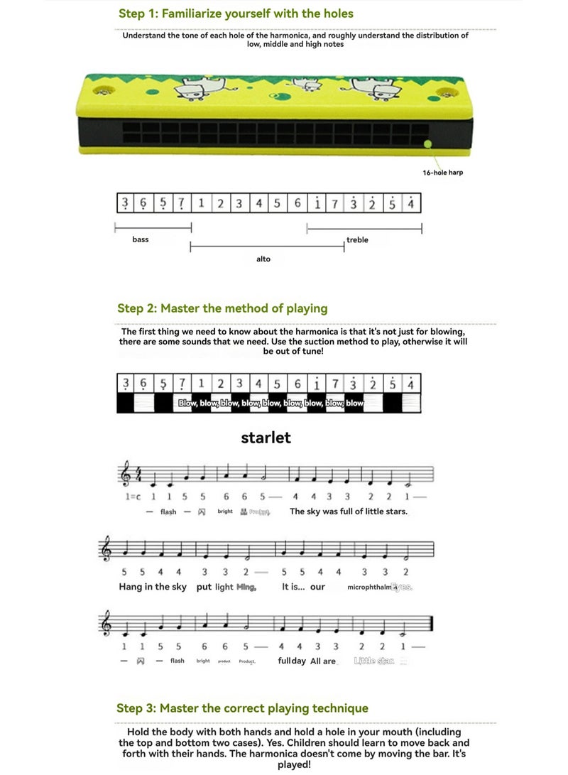 Strawberry Green Wooden Harmonica 16 Holes Children'S Harmonica Music Toy Kindergarten Music Teaching Aids Elementary School Students Beginners Wind Instrument - Image 3