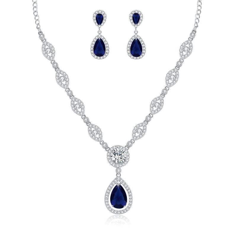 GULICX Jewelry Set for Womens, Silver Plated Teardrop Rhinestone Wedding Bridesmaid Prom Jewelry Set Pendant Necklace Drop Dangle Earrings Set for Brides - Image 1