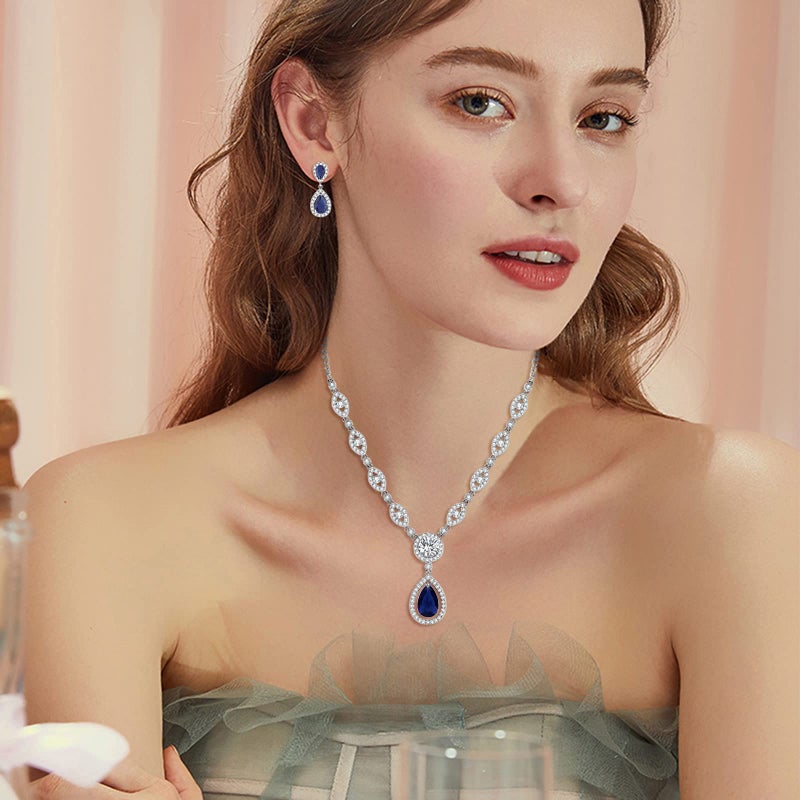GULICX Jewelry Set for Womens, Silver Plated Teardrop Rhinestone Wedding Bridesmaid Prom Jewelry Set Pendant Necklace Drop Dangle Earrings Set for Brides - Image 5