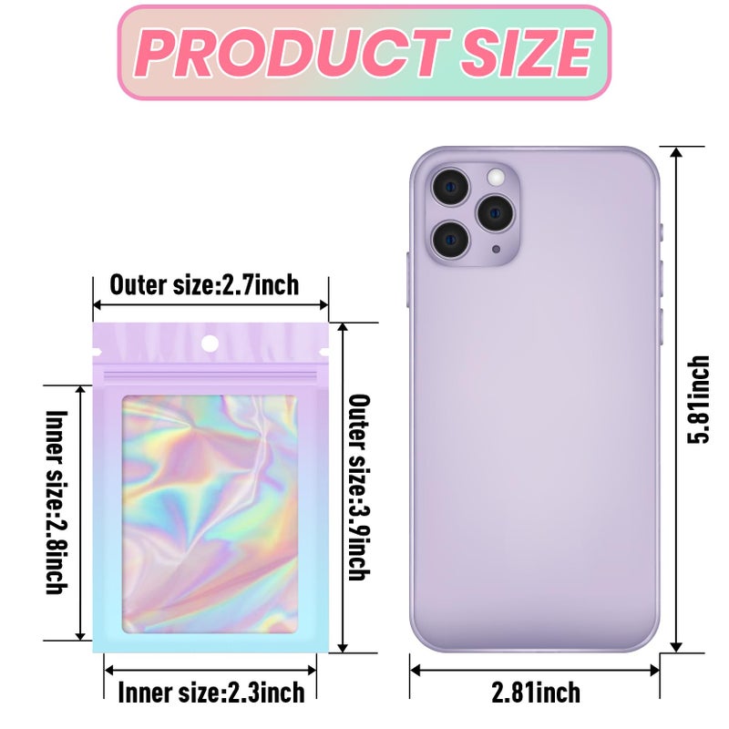 Funfery 100 Pack Gradient Holographic Bags,2.7Ã—3.9In Mylar Resealable Bags with Zipper,Clear Window Packaging Pouch,Smell Proof Foil Bag for Food Storage,Sample Jewelry Baggies(Purple Blue) - Image 2
