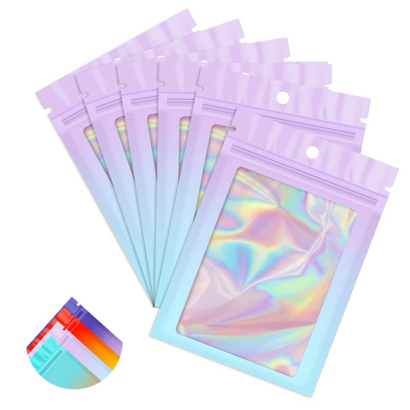 Funfery 100 Pack Gradient Holographic Bags,2.7Ã—3.9In Mylar Resealable Bags with Zipper,Clear Window Packaging Pouch,Smell Proof Foil Bag for Food Storage,Sample Jewelry Baggies(Purple Blue) - Image 1