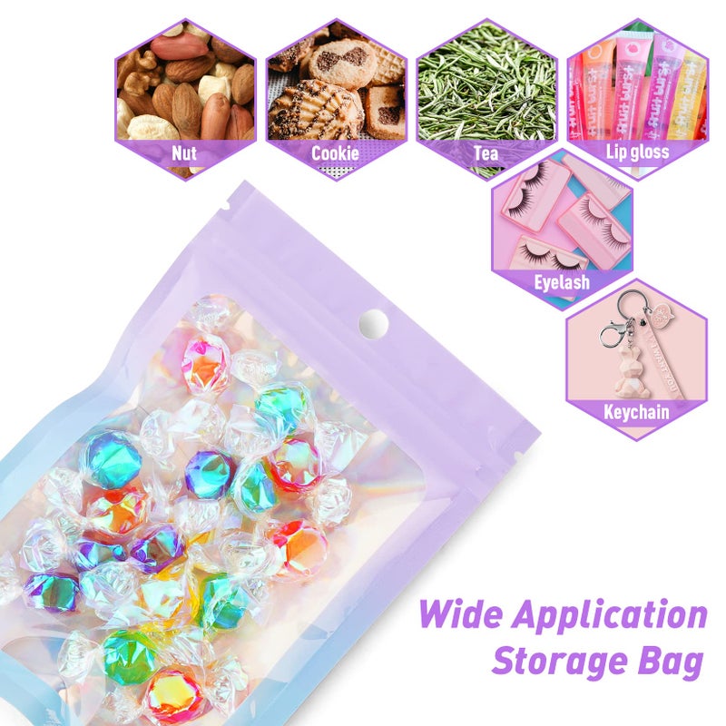 Funfery 100 Pack Gradient Holographic Bags,2.7Ã—3.9In Mylar Resealable Bags with Zipper,Clear Window Packaging Pouch,Smell Proof Foil Bag for Food Storage,Sample Jewelry Baggies(Purple Blue) - Image 5