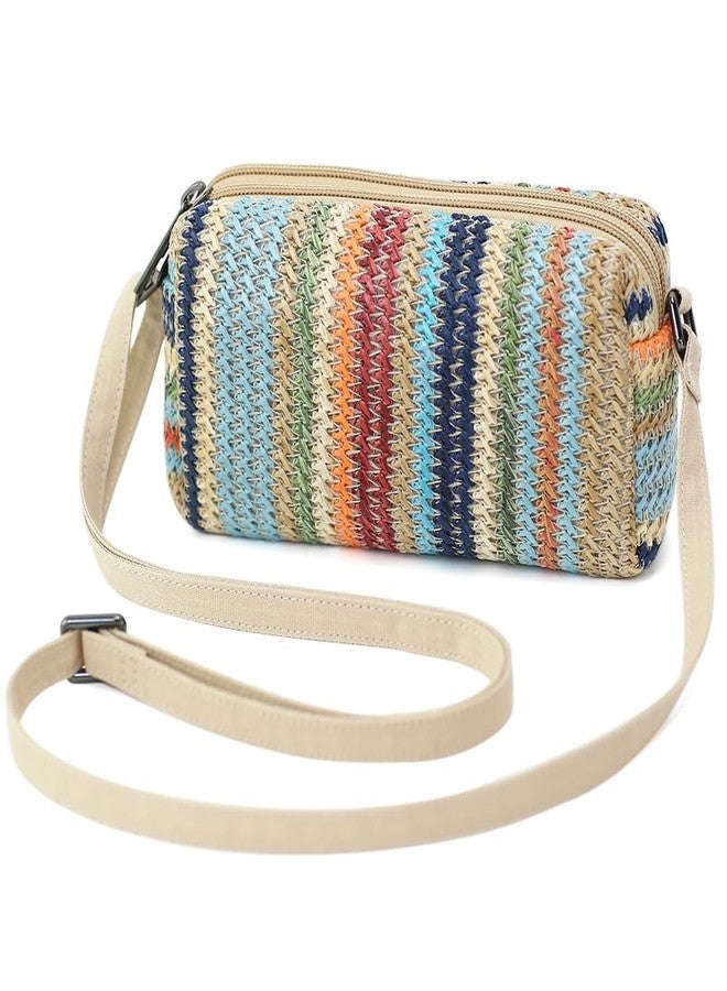 BBORGDC Small Straw Crossbody Bag for Women, Colorful Stripes Woven Dual Compartment Vacation Purse with Adjustable Phone Strap, Boho Summer Beach Wallet, Wristlet Phone Wallet, Original Design Gift - Image 1