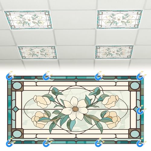 Glooglitter 4 Pcs Retro Floral Fluorescent Light Covers 4 x 2 ft Stained Glass Magnetic Office Light Cover for Ceiling with 10 Magnets Filter Reduce Glare for Classroom School Home - Image 1