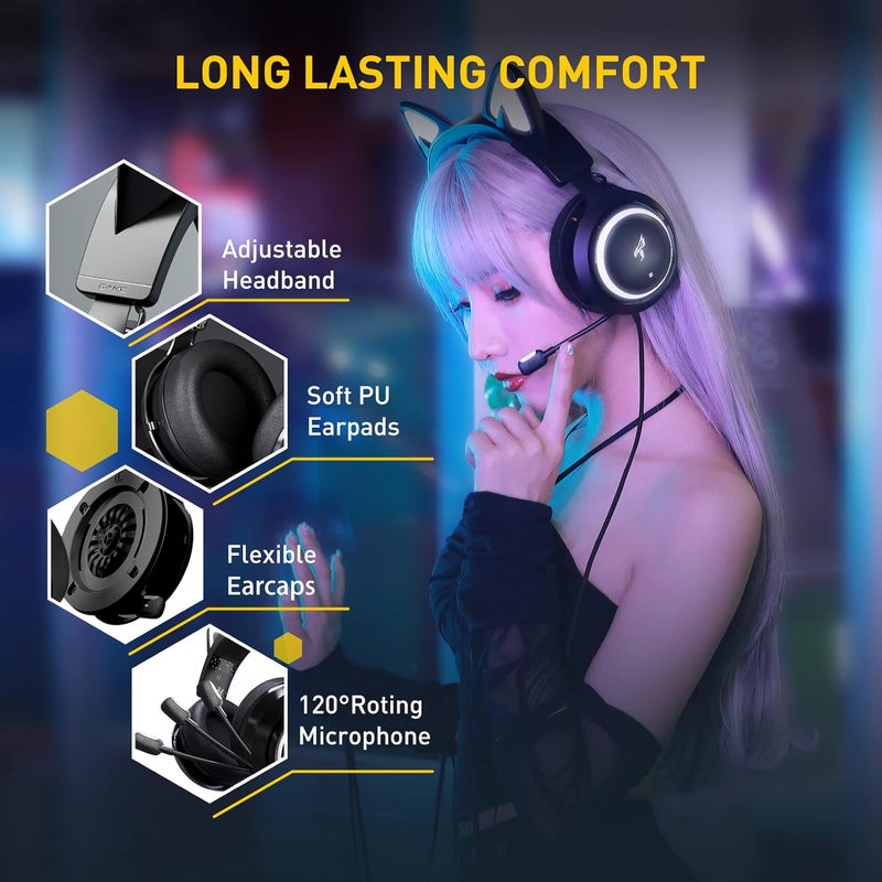 Somic GS510 Cat Headset, 3.5mm Wired Headphones with Retractable Mic Noise Cancelling, for Xbox One, PS5, PS4, PC, Black - Image 5