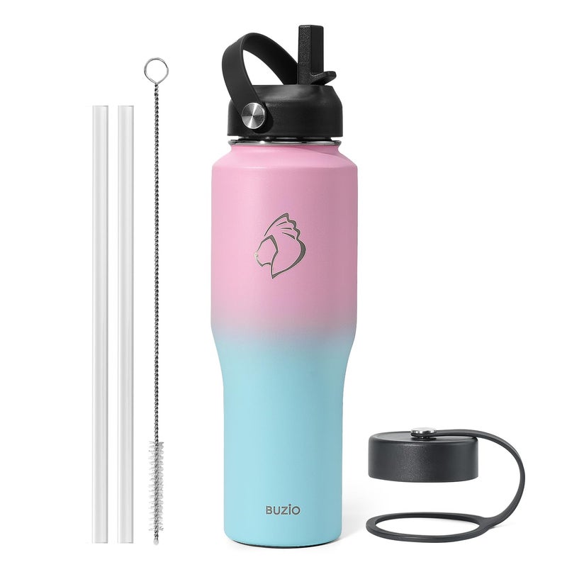 BUZIO Stainless Steel Water Bottle Vacuum Insulated Cold for 48 Hrs Hot for 24 Hrs32oz Tumbler Travel Flask with Straw Lid and Flex Cap Fit in Any Car Cup HolderBubble Gum