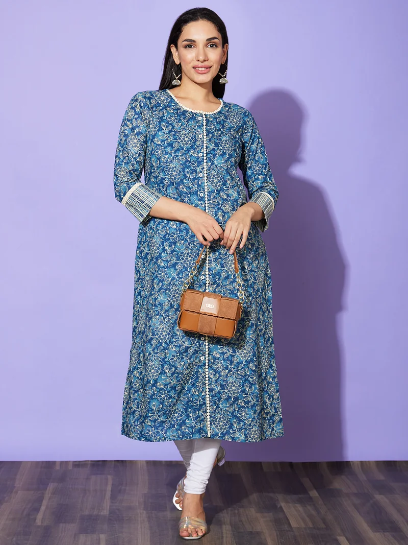 globus Women Floral Printed Beads And Stones Cotton Kurta