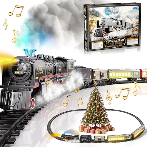 Funwee Electric Steam Train Set with Glowing Passenger CarriagesLocomotive Train Model for Under Christmas Tree with LightsSmoke and Sounds Birthday Gift for Kids 48 Years Old Boys Girls - Image 1