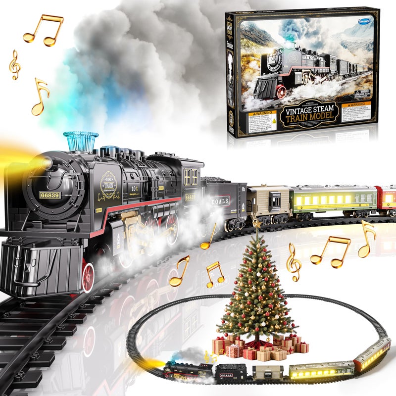 Funwee Electric Steam Train Set with Glowing Passenger CarriagesLocomotive Train Model for Under Christmas Tree with LightsSmoke and Sounds Birthday Gift for Kids 48 Years Old Boys Girls - Image 3