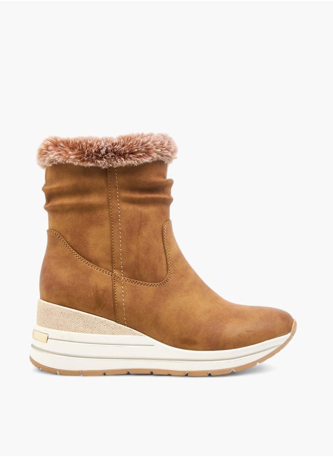 Celeste Women's Plush Detail Ankle Boots with Zip Closure and Wedge Heels  - Image 3