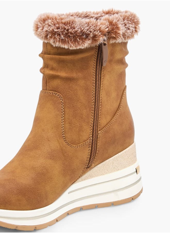 Celeste Women's Plush Detail Ankle Boots with Zip Closure and Wedge Heels  - Image 4