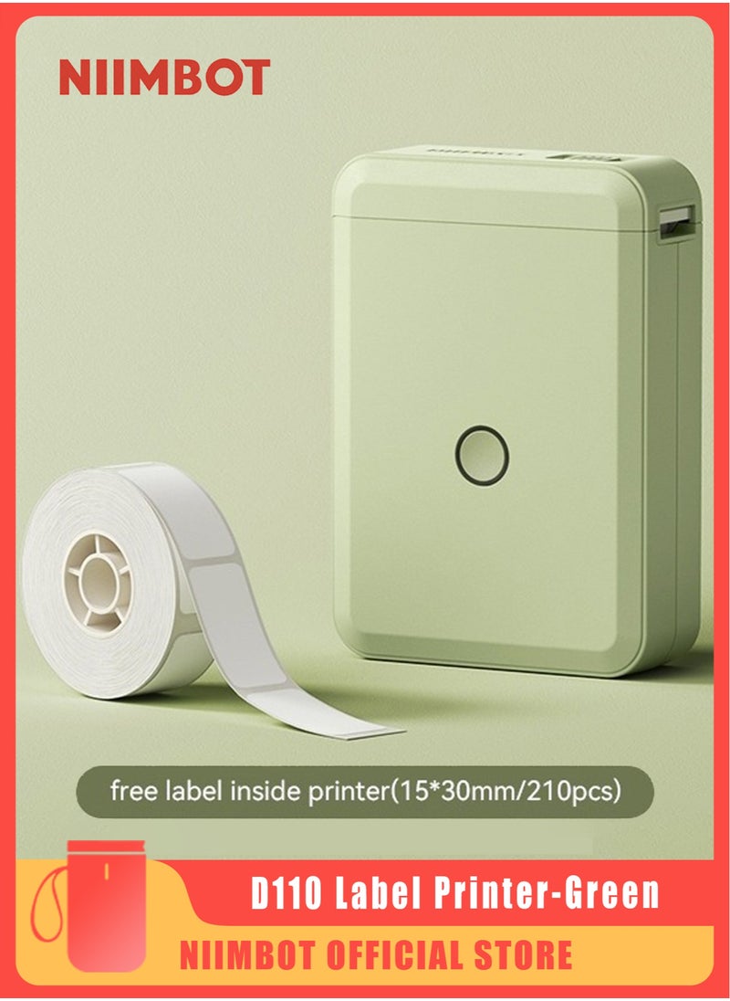 NIIMBOT - D110 Label Printer Thermal Label Maker Machine with 1 Roll 15mm*30mm White Tape, Portable Mini Wireless Bluetooth Sticker Printer for Phone Easy to Use for School Office Home Organization Rechargeable Use, Mobile Phone Editable, Printable Width 10-15mm, Green - Image 1