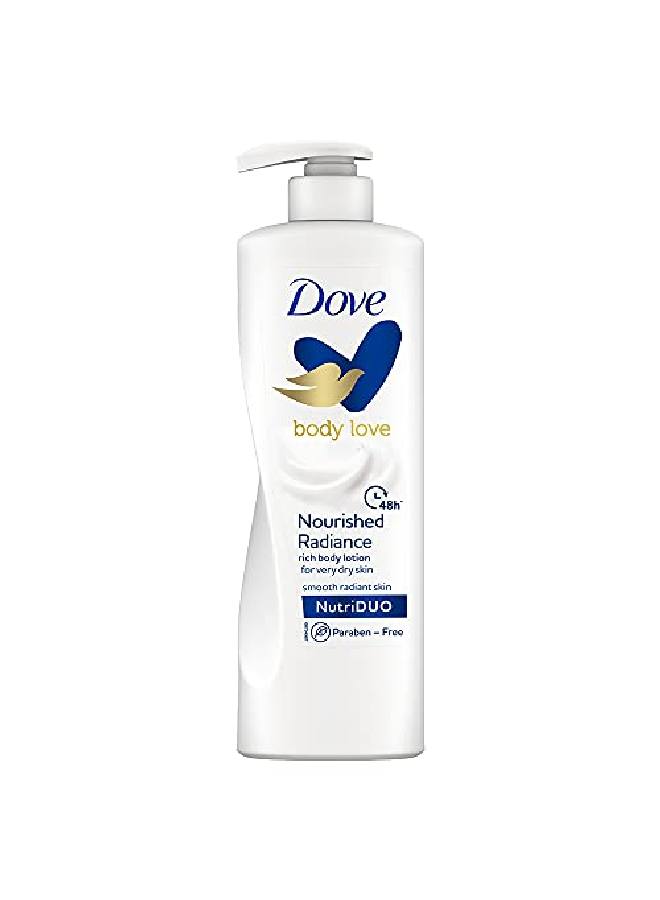 Dove لوشن الجسم المغذي والمشرق من بودي لوف للبشرة الجافة للغاية ترطيب لمدة 48 ساعة خالٍ من البارابين مع مرطب نباتي لبشرة ناعمة ومشرقة 400 مل - Image 1