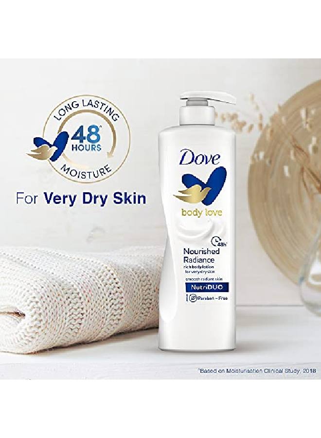 Dove لوشن الجسم المغذي والمشرق من بودي لوف للبشرة الجافة للغاية ترطيب لمدة 48 ساعة خالٍ من البارابين مع مرطب نباتي لبشرة ناعمة ومشرقة 400 مل - Image 4