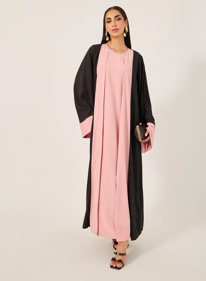 Take Two Color Block Abaya with Round Neck Inner Dress Set by Styli  - Image 1