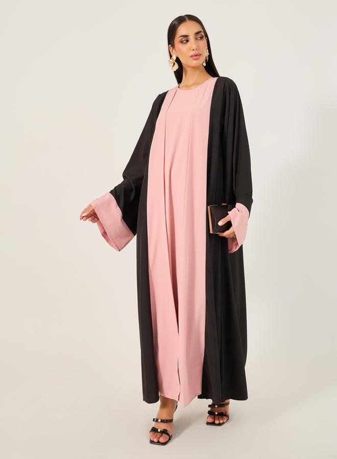 Take Two Color Block Abaya with Round Neck Inner Dress Set by Styli  - Image 2