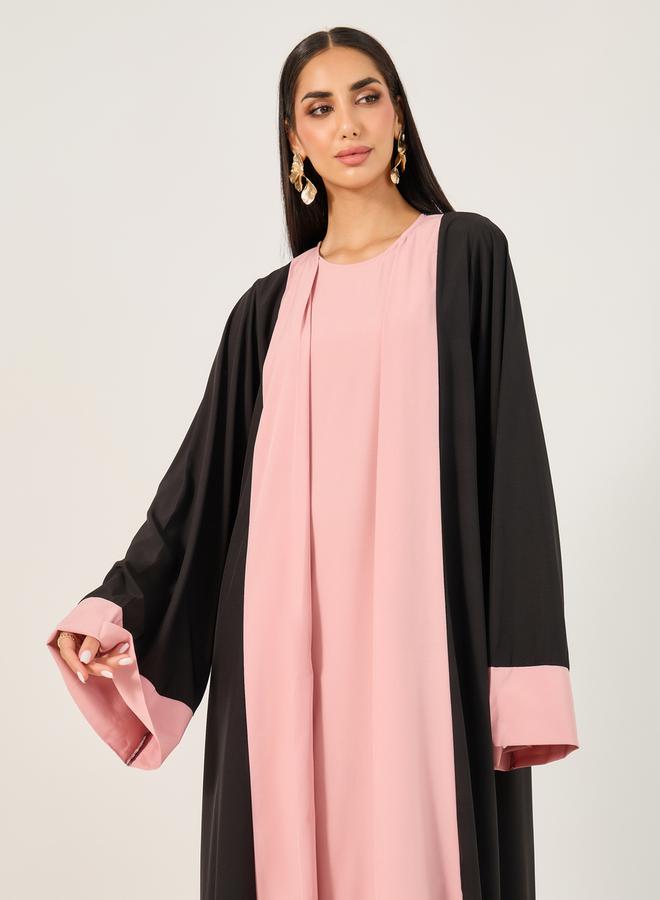 Take Two Color Block Abaya with Round Neck Inner Dress Set by Styli  - Image 3