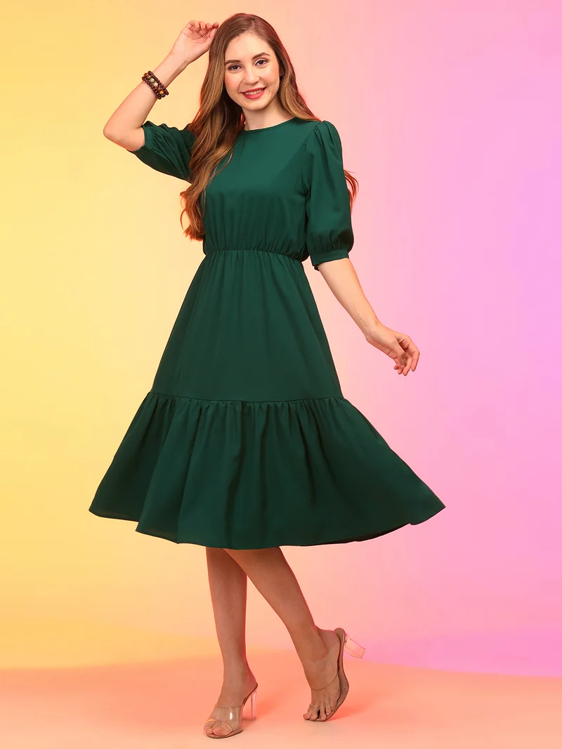 globus Women Green Puff Sleeve Fit & Flare Midi Dress