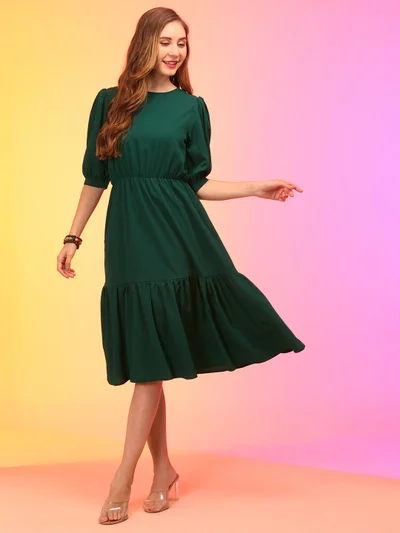 globus Globus Women Green Puff Sleeve Fit & Flare Midi Dress