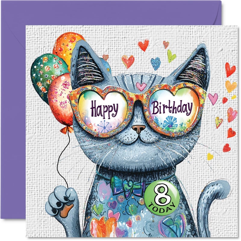 Stuff4 8th Birthday Card Girl - Purrfect Cat Balloons - Cat Birthday Card for 8 Year Old Girl  Age 8 Girls Cards  5.7 Inch Cats Greeting - Image 1