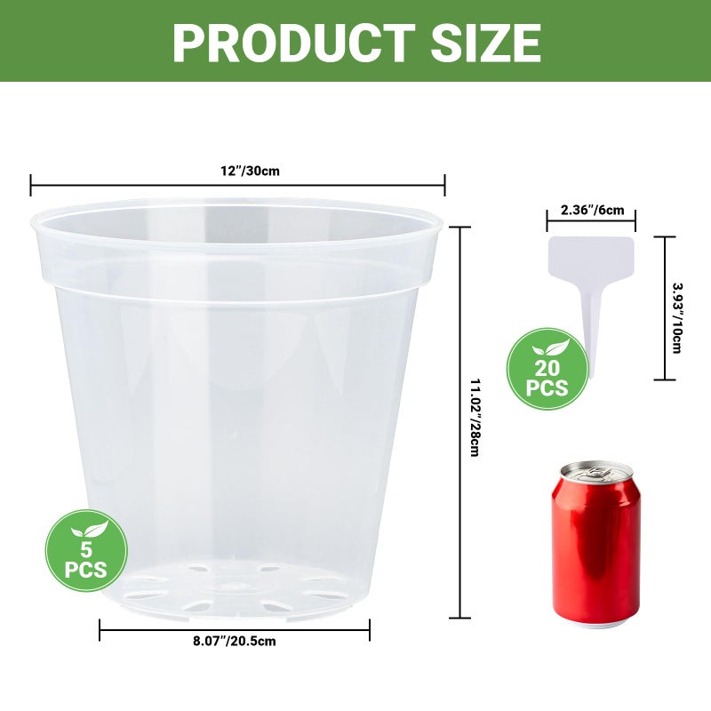 GREANER Clear Plastic Plant Pots, Plastic Planter with Drainage Holes, Nursery Pots for Indoor Outdoor with 20 Plant Labels, 12 Inch(Pack of 5) - Image 2