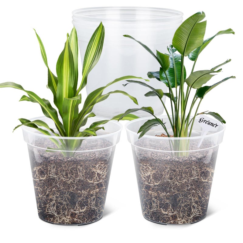 GREANER Clear Plastic Plant Pots, Plastic Planter with Drainage Holes, Nursery Pots for Indoor Outdoor with 20 Plant Labels, 12 Inch(Pack of 5) - Image 1
