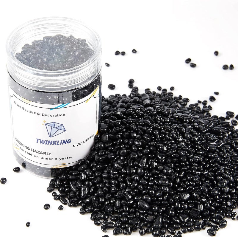 TWINKLING حجارة زجاج نار مستديرة عالية اللمعان TWINKLING، كرات زجاجية حصى زجاجي، خرز زجاجي أحجار كريمة لموقد النار حشوات المزهرية حرف زينة حوض السمك والحديقة، 3-6 مم، برطمان 1 رطل (أسود) - Image 4