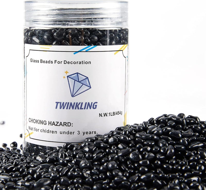 TWINKLING حجارة زجاج نار مستديرة عالية اللمعان TWINKLING، كرات زجاجية حصى زجاجي، خرز زجاجي أحجار كريمة لموقد النار حشوات المزهرية حرف زينة حوض السمك والحديقة، 3-6 مم، برطمان 1 رطل (أسود) - Image 5