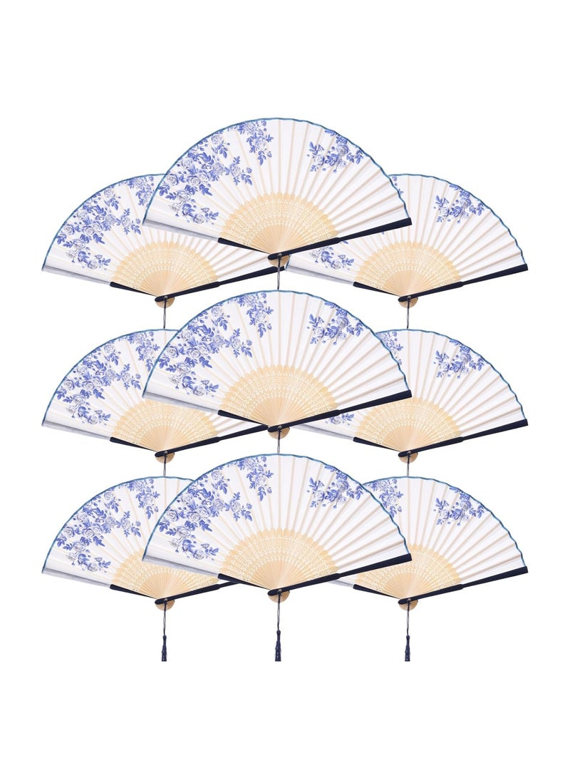 10PCS Handheld Silk Folding Fans, Blue and White Porcelain Floral Design, Perfect for Birthdays, Dancing, Cosplay, Weddings, Parties, and Events - Elegant Chinese Paper Fans for All Occasions. - Image 2