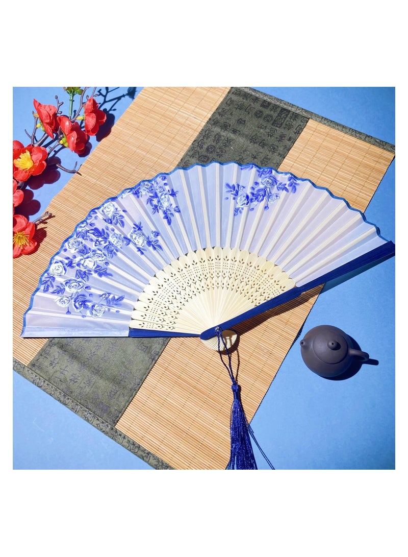 10PCS Handheld Silk Folding Fans, Blue and White Porcelain Floral Design, Perfect for Birthdays, Dancing, Cosplay, Weddings, Parties, and Events - Elegant Chinese Paper Fans for All Occasions. - Image 3