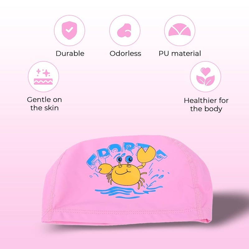 Endless EL1017 Comfortable PU Swimming Cap with Cartoon Design | Pink | Material : PU | Elastic Waterproof Swimming Cap for Long and Short Hair with Thicker Edge | For Children - Image 2