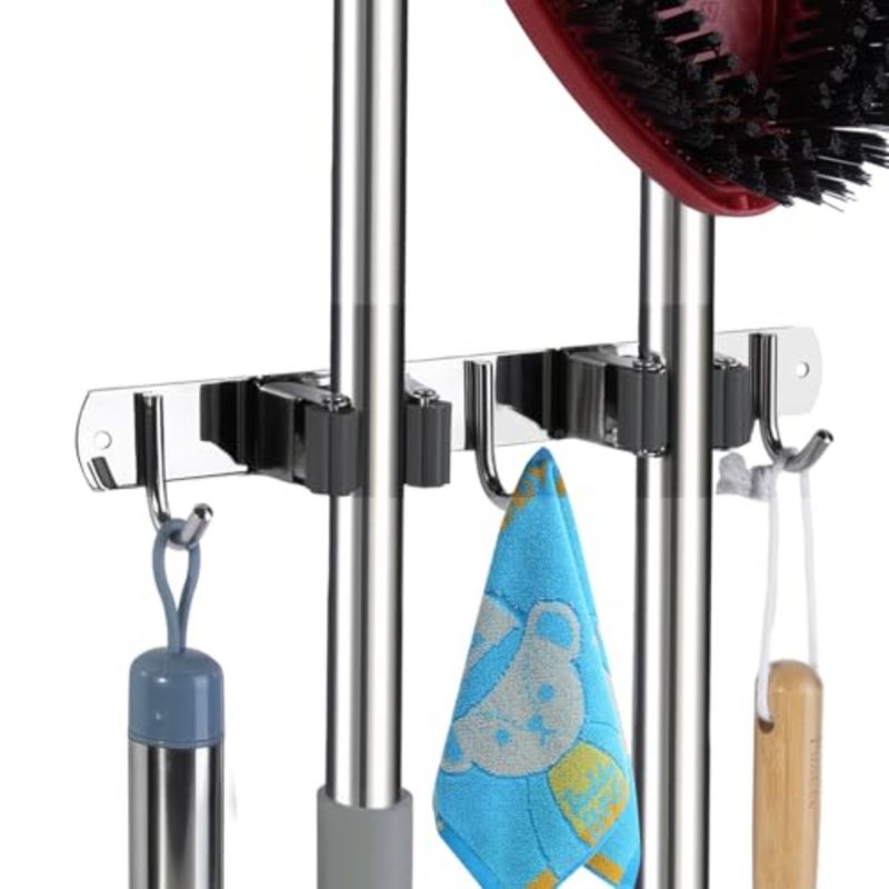 2 Racks and 3 Hooks Mop and Broom Holder Wall Mount, Self Adhesive Heavy Duty Broom Organizer Storage Tool Racks for Kitchen Garden Laundry Garage - Image 1
