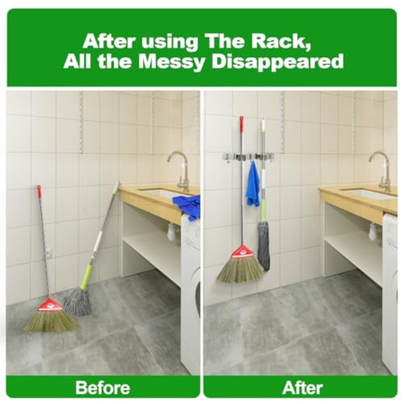 2 Racks and 3 Hooks Mop and Broom Holder Wall Mount, Self Adhesive Heavy Duty Broom Organizer Storage Tool Racks for Kitchen Garden Laundry Garage - Image 3
