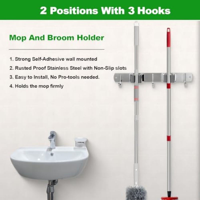 2 Racks and 3 Hooks Mop and Broom Holder Wall Mount, Self Adhesive Heavy Duty Broom Organizer Storage Tool Racks for Kitchen Garden Laundry Garage - Image 2