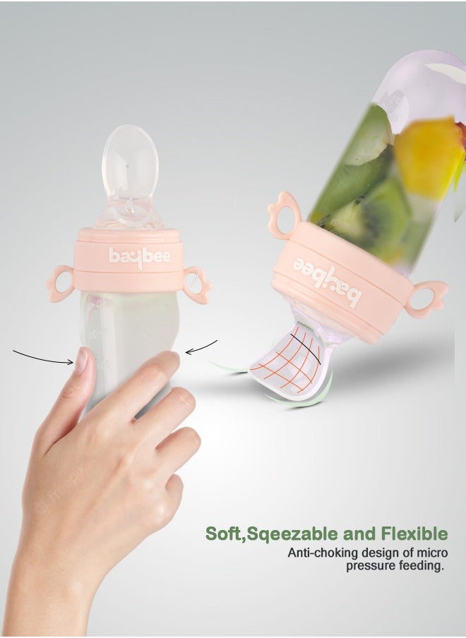 BAYBEE - Baybee 2 in 1 Silicone Baby Food Feeder with Soft Spoon, Fruits Feeder With Pacifier Nibbler for Baby Chewing Teething Toy | Food Grade Silicone Squeeze Feeder Food Feeder for Baby Toddlers Pink - Image 1
