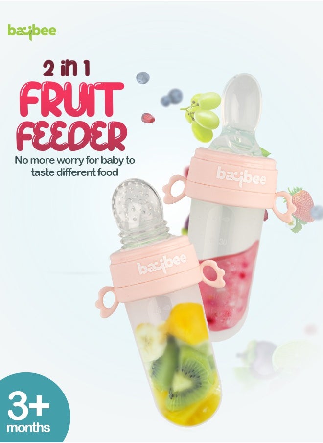 BAYBEE - Baybee 2 in 1 Silicone Baby Food Feeder with Soft Spoon, Fruits Feeder With Pacifier Nibbler for Baby Chewing Teething Toy | Food Grade Silicone Squeeze Feeder Food Feeder for Baby Toddlers Pink - Image 1
