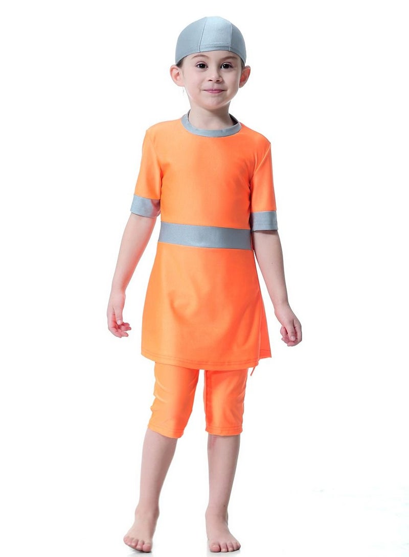 Loquat Girl's 3-Piece Conservative Swimwear Set Short Sleeve Burkini Swimsuit With Pyjama Orange/Grey  - Image 1